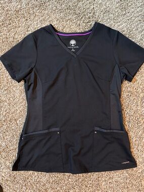 healing hands Black V-Neck Scrub Top with Purple Trim